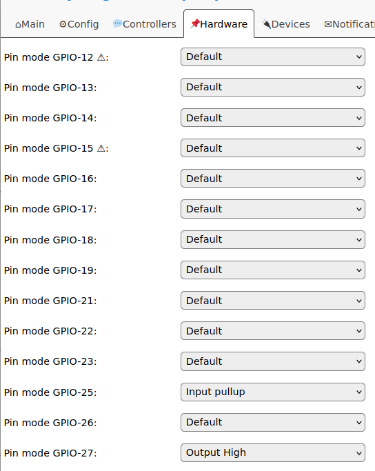 screenshot: gpios set to default, but gpio-25 to 'input pullup' and gpio-27 to 'output high' to power the sensor